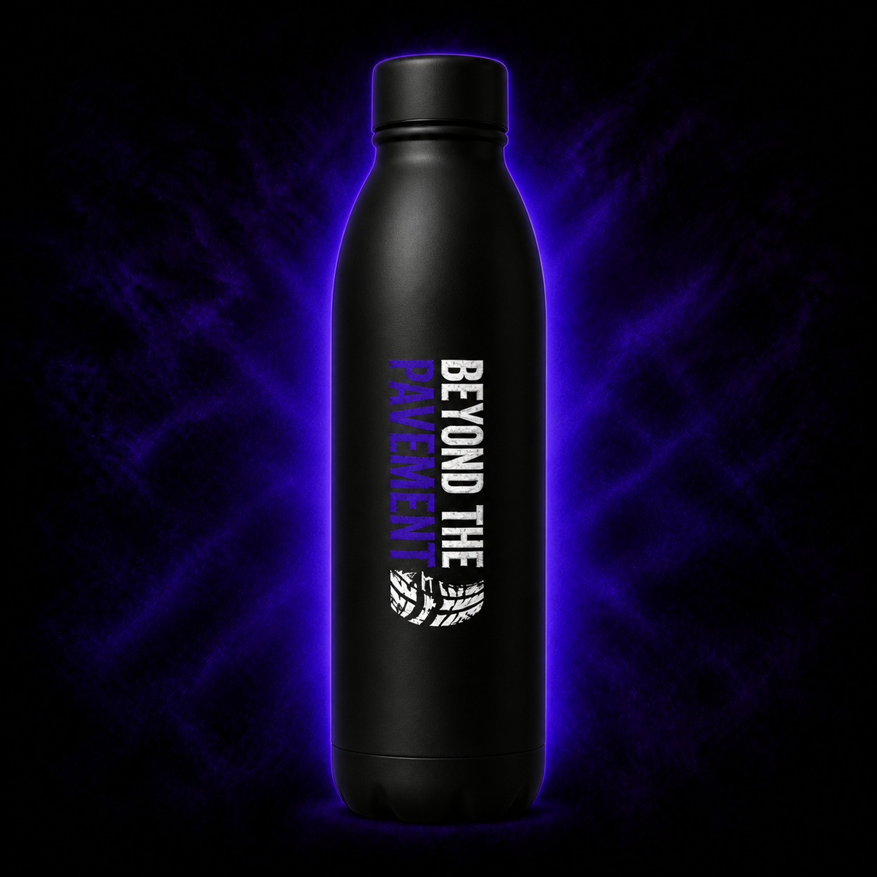Black Beyond the Pavement reusable adventure bottle on a purple studio background