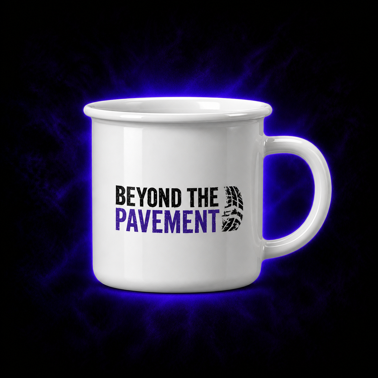 White Beyond the Pavement camp mug on a purple studio background