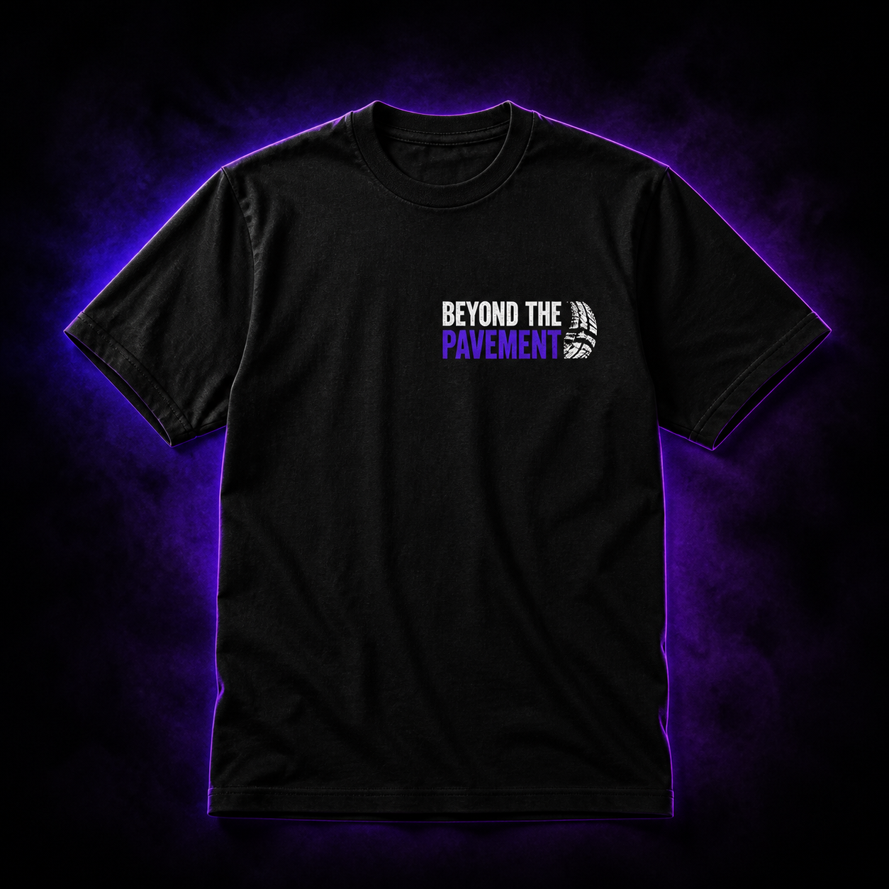 Black Beyond the Pavement logo T-shirt on a purple studio background