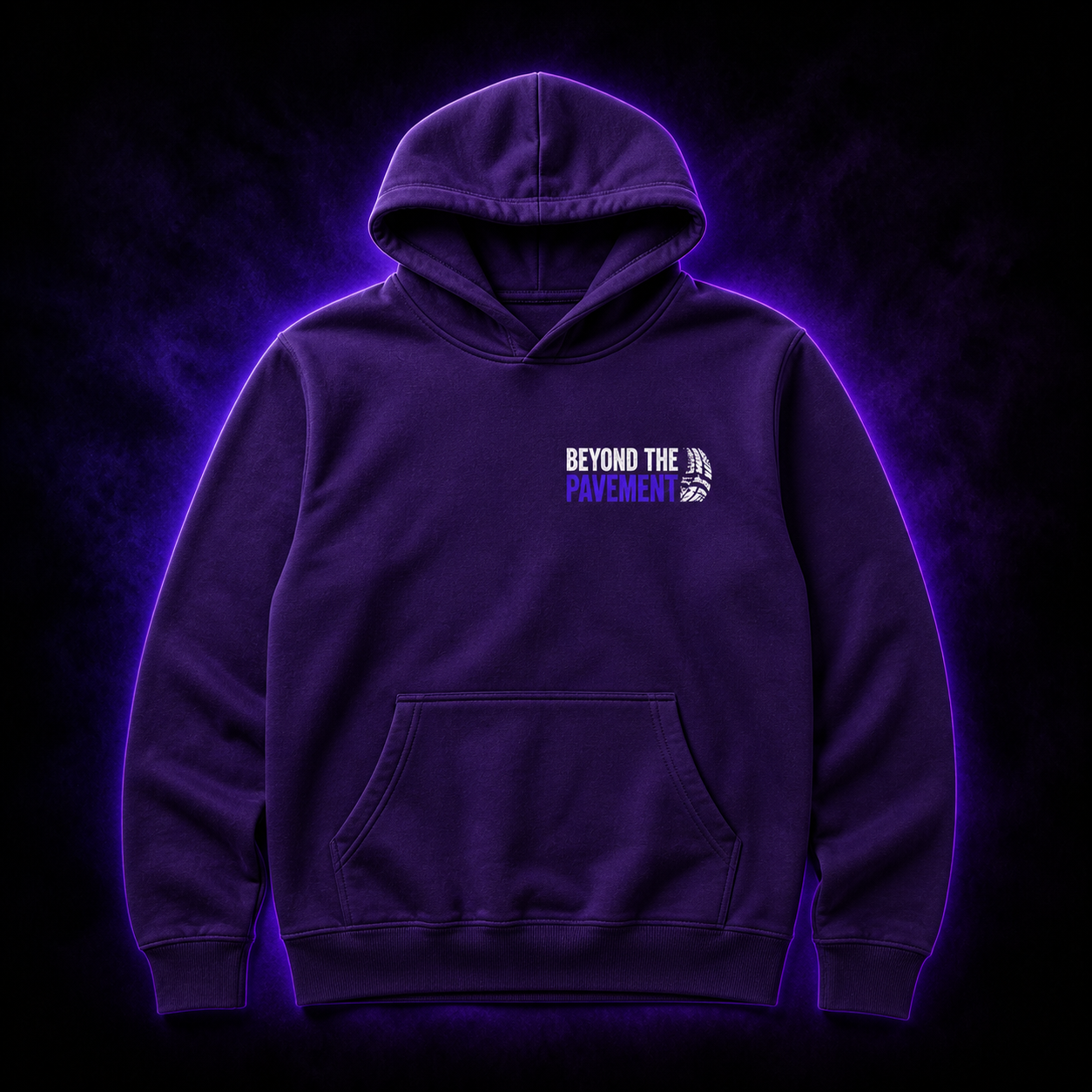 Purple Beyond the Pavement mission hoodie on a dark studio background