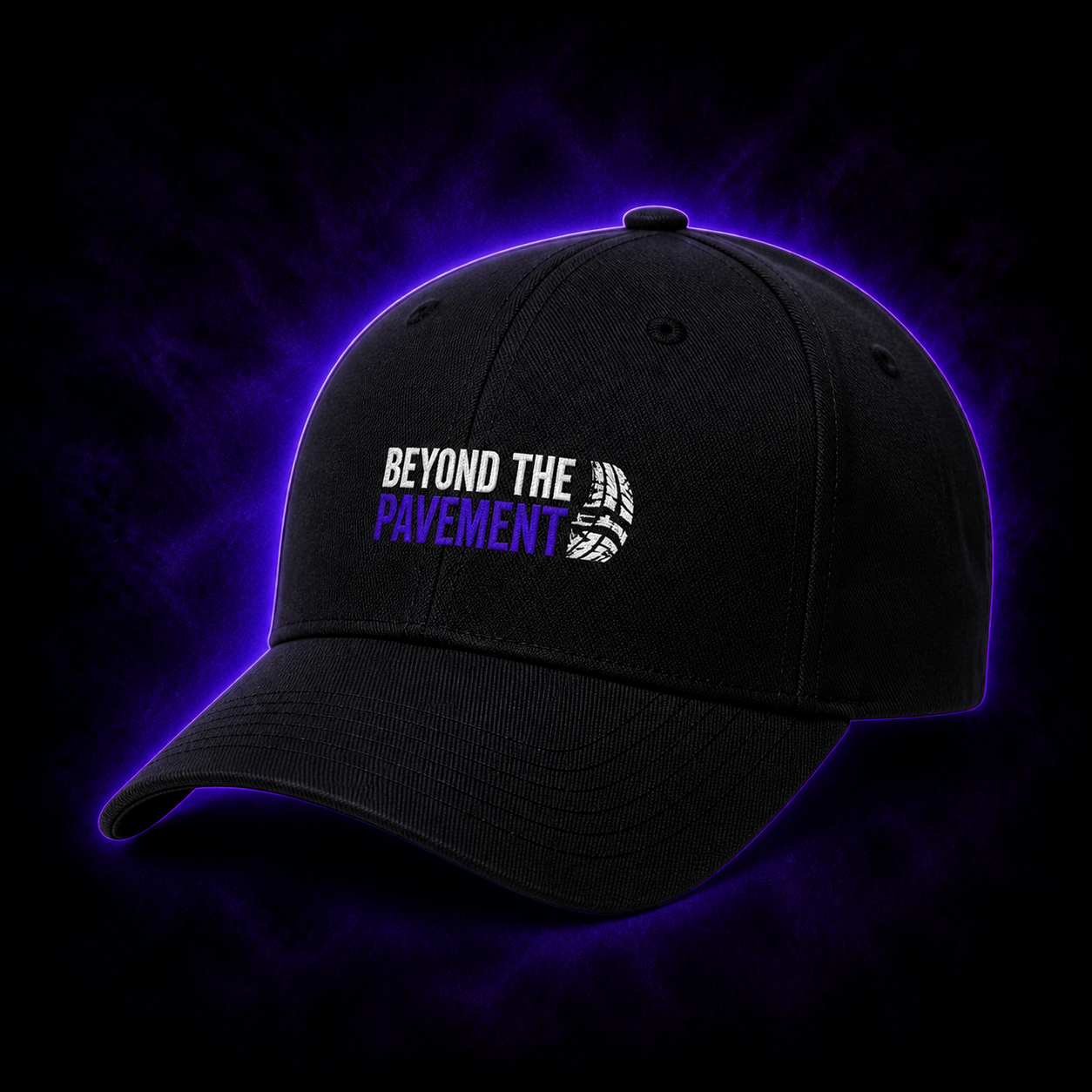 Black Beyond the Pavement trail hat on a purple studio background